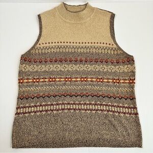 Vintage Liz Claiborne Villager Fair Isle Sweater Vest XL Mock Neck Brown Red